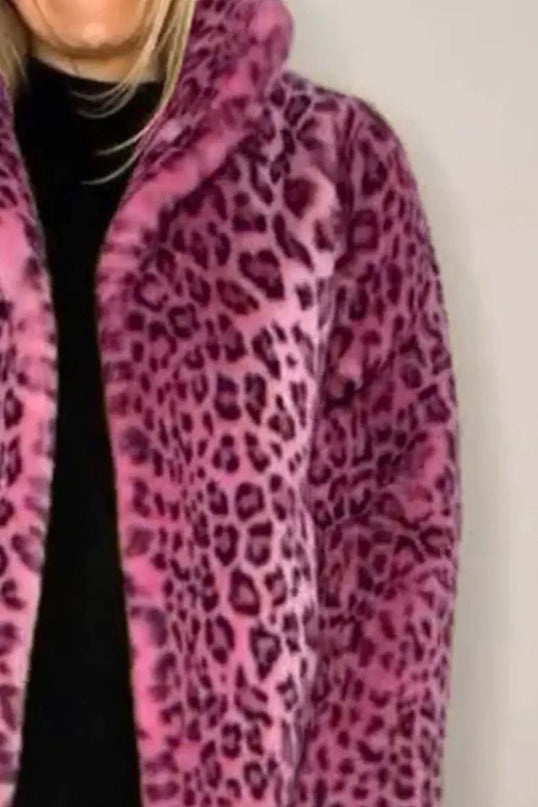 Full Size Leopard Furry Collared Neck Long Sleeve Coat - ShopEasier