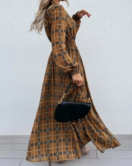 Slit Plaid Tie Neck Long Sleeve Maxi Dress - ShopEasier