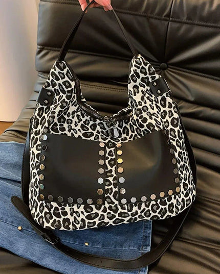 Bolso bandolera de poliéster con estampado de leopardo y cremalleras