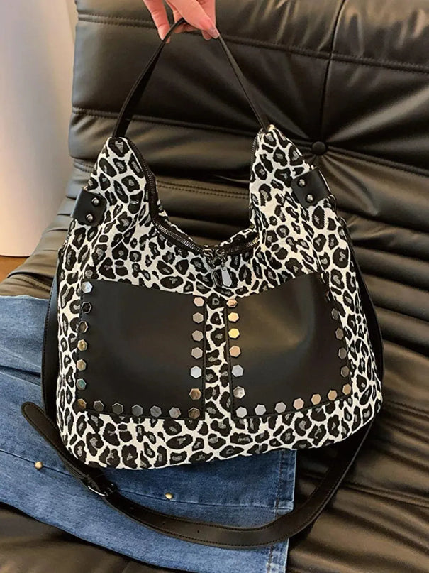 Bolso bandolera de poliéster con estampado de leopardo y cremalleras