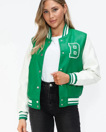 Love Me Now PU Leather Contrast Snap Down Bomber Jacket - ShopEasier