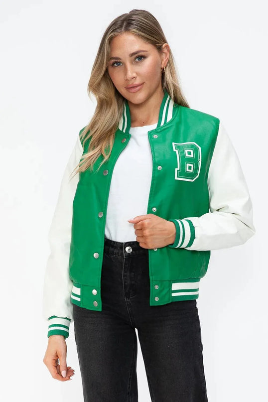 Love Me Now PU Leather Contrast Snap Down Bomber Jacket - ShopEasier