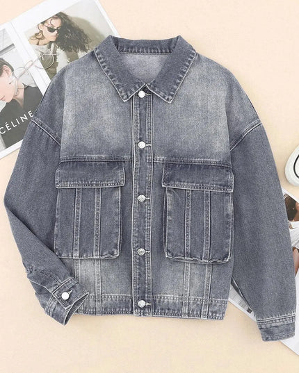 Collared Neck Button Up Denim Jacket - ShopEasier