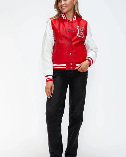 Love Me Now PU Leather Contrast Snap Down Bomber Jacket - ShopEasier