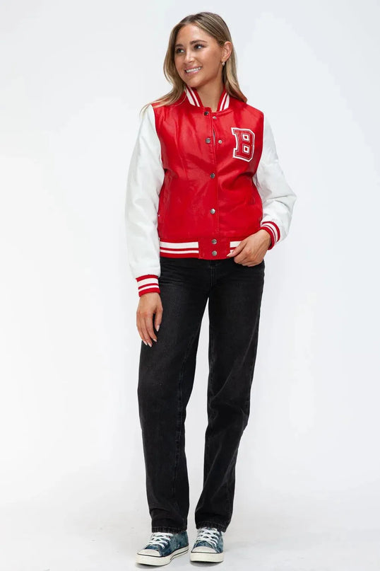 Love Me Now PU Leather Contrast Snap Down Bomber Jacket - ShopEasier