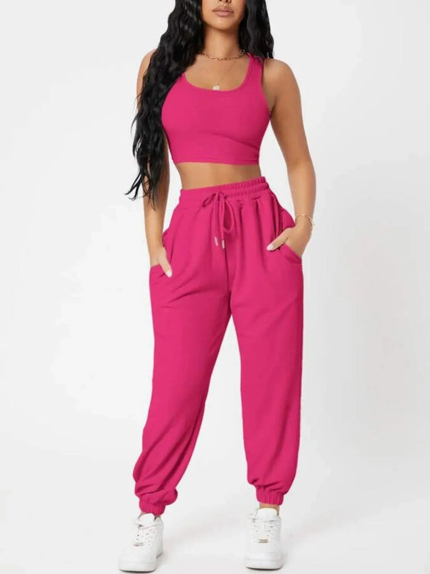 Wide Strap Top and Drawstring Joggers Set - ShopEasier