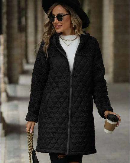 Textured Hooded Zip-Up Coat with Long Sleeves