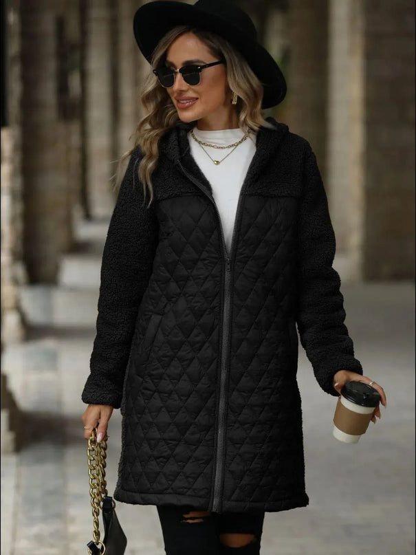 Textured Hooded Zip-Up Coat with Long Sleeves