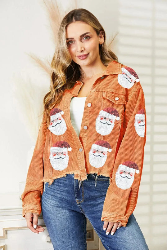 Chaqueta de Papá Noel con dobladillo sin rematar y adornos de lentejuelas