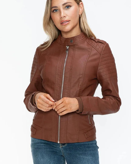 Snobbish PU Leather Biker Jacket with Side Zip Pockets - ShopEasier