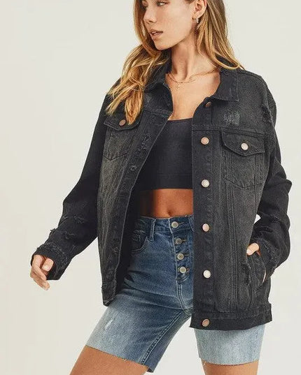 RISEN Full Size Distressed Long Sleeve Denim Jacket - ShopEasier