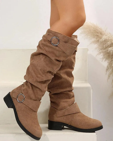 Buckle Round Toe Block Heel Boots - ShopEasier