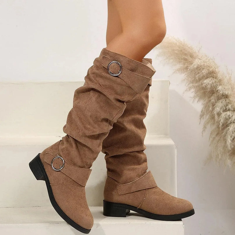 Buckle Round Toe Block Heel Boots - ShopEasier