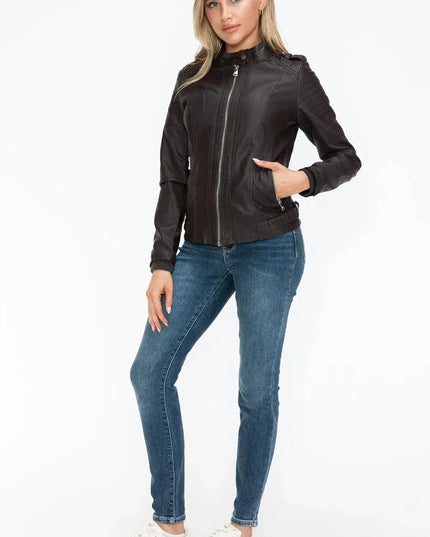 Snobbish PU Leather Biker Jacket with Side Zip Pockets - ShopEasier