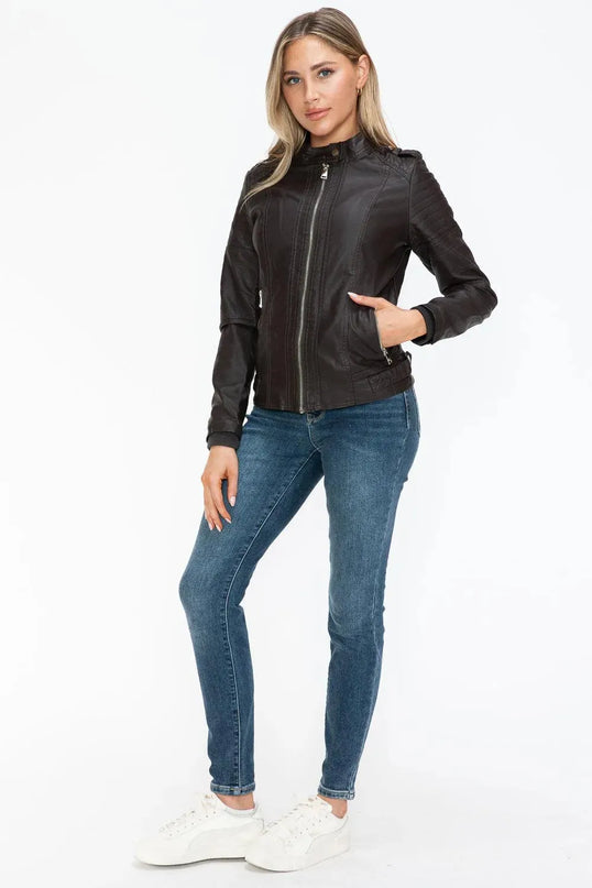 Snobbish PU Leather Biker Jacket with Side Zip Pockets - ShopEasier