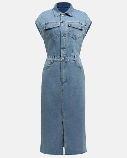 Slit Half Button Collared Neck Cap Sleeve Denim Dress - ShopEasier