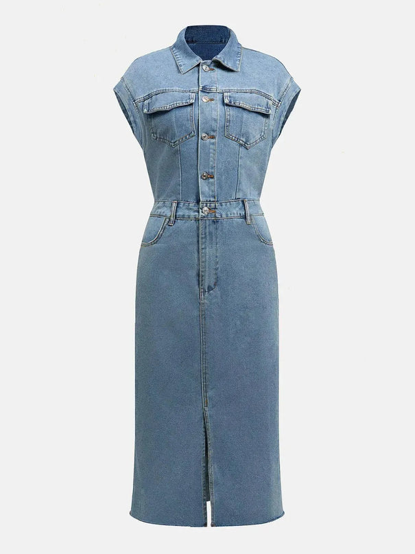 Slit Half Button Collared Neck Cap Sleeve Denim Dress - ShopEasier