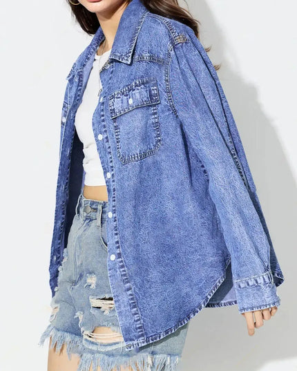 Curved Hem Collared Neck Denim Top - ShopEasier