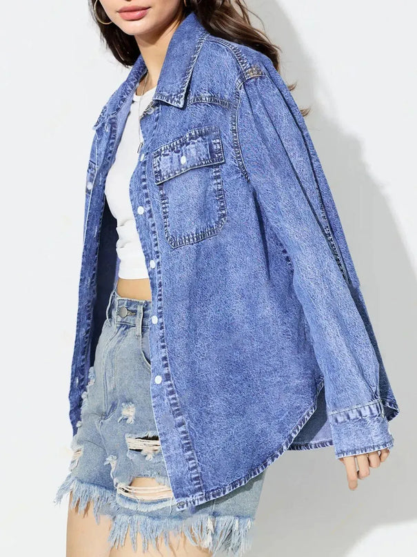 Curved Hem Collared Neck Denim Top - ShopEasier