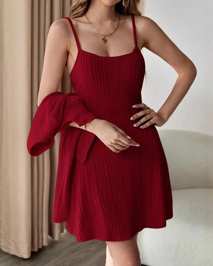 Ribbed Long Sleeve Cropped Cardigan and Cami Dress Set