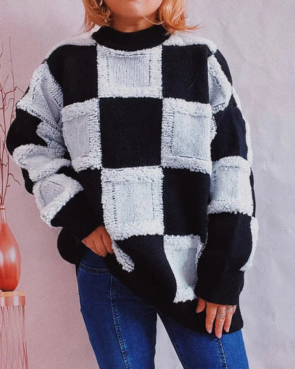 Checkered Round Neck Long Sleeve Sweater - ShopEasier