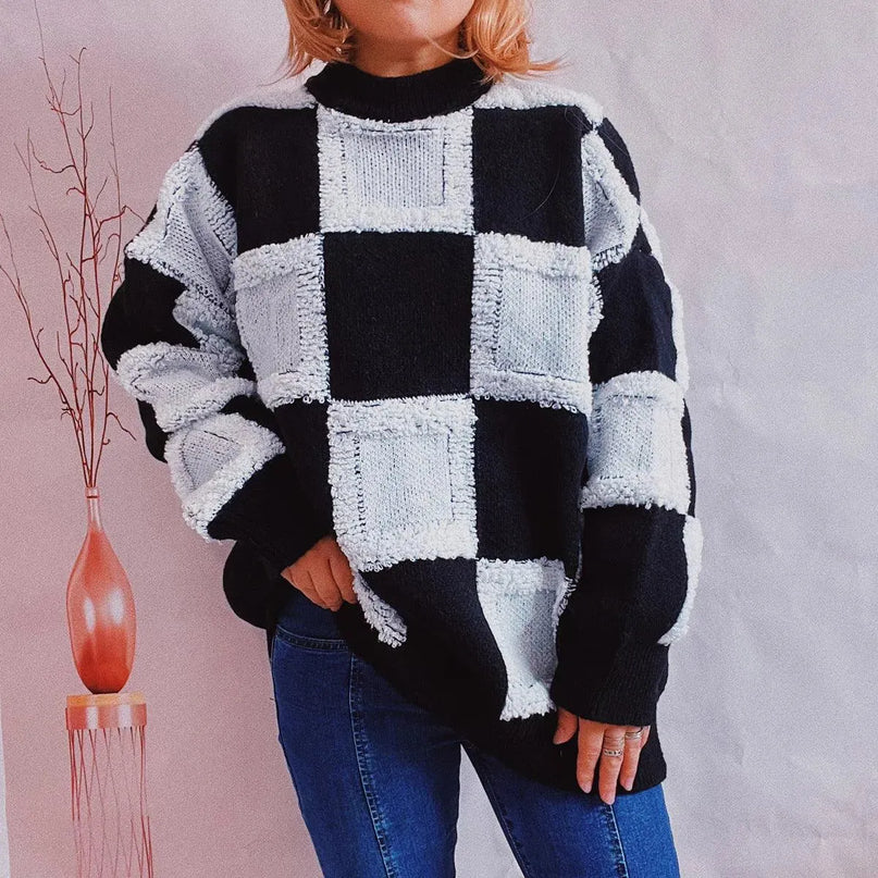 Checkered Round Neck Long Sleeve Sweater - ShopEasier