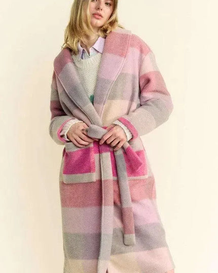 Color Block Collared Neck Tie Coat by Davi & Dani