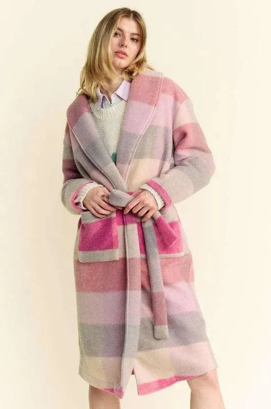 Color Block Collared Neck Tie Coat by Davi & Dani