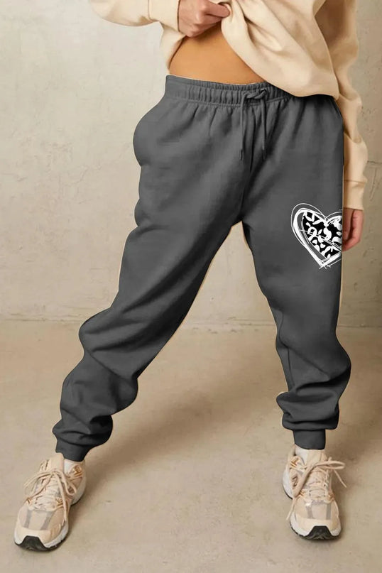 Cozy Heart Graphic Long Sweatpants with Drawstring