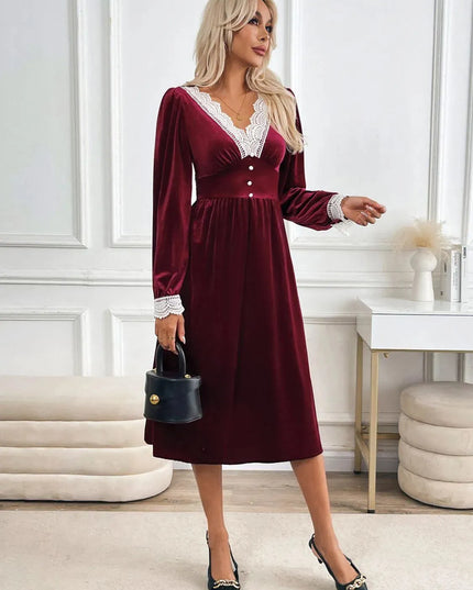 Perfee Lace Detail V-Neck Long Sleeve Midi Dress