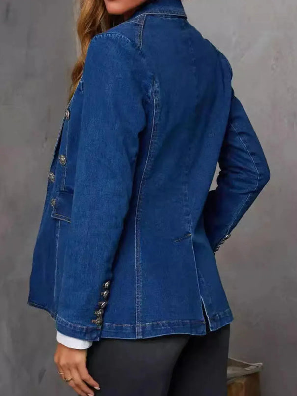 Collared Neck Long Sleeve Denim Jacket - ShopEasier