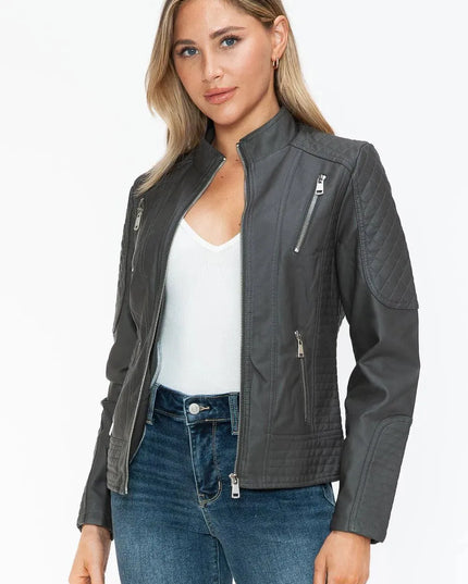 Snobbish Faux Leather Zip Up Mock Neck Jacket - ShopEasier