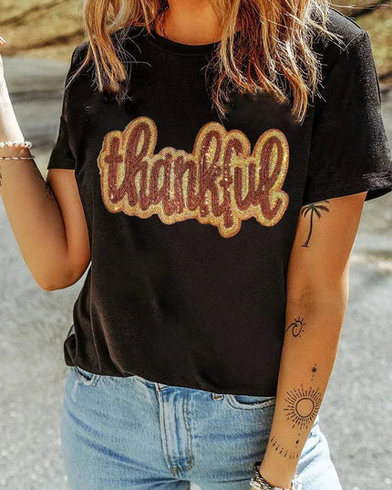 Glitzy Gratitude Sequin Round Neck Short Sleeve Tee