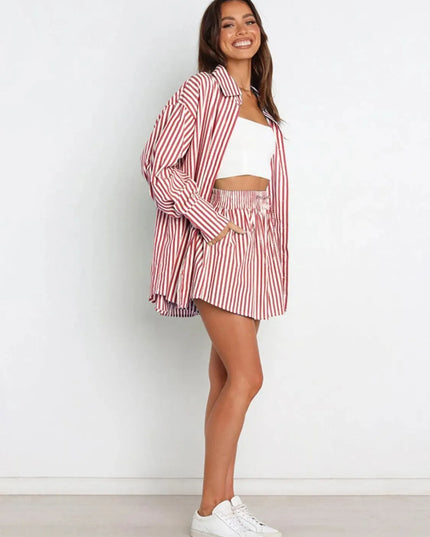 Striped Short Sleeve Button-Up Shirt and Shorts Combo Set