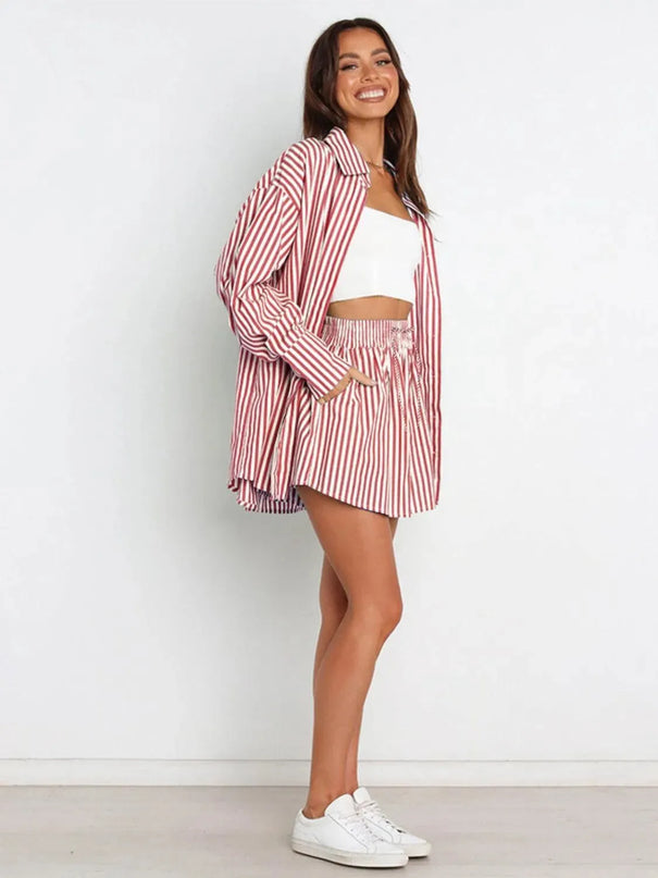 Striped Short Sleeve Button-Up Shirt and Shorts Combo Set