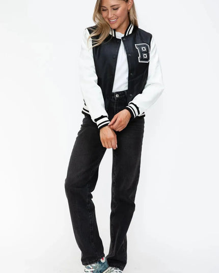 Love Me Now PU Leather Contrast Snap Down Bomber Jacket - ShopEasier