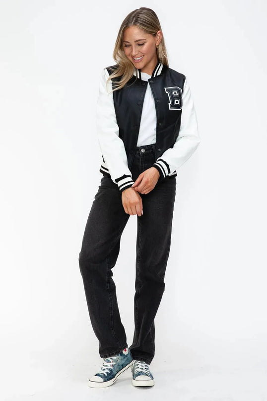 Love Me Now PU Leather Contrast Snap Down Bomber Jacket - ShopEasier