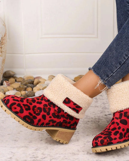 Leopard Block Heel Fuzzy Boots - ShopEasier