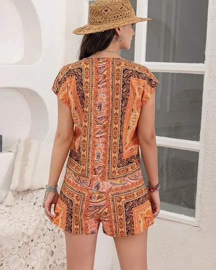 Printed V-Neck Cap Sleeve Romper - ShopEasier