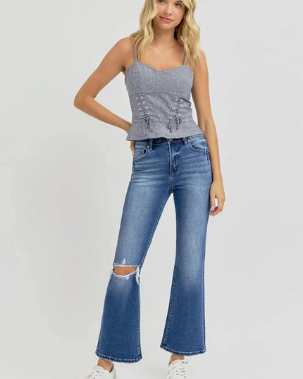 RISEN Full Size Distressed High Rise Crop Flare Jeans - ShopEasier