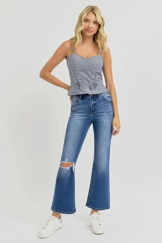 RISEN Full Size Distressed High Rise Crop Flare Jeans - ShopEasier