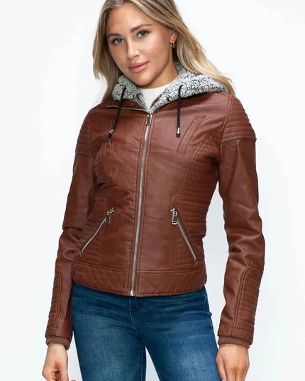 YMI Faux Layered Double-Zipper Jacket with Fuzzy Hood - ShopEasier