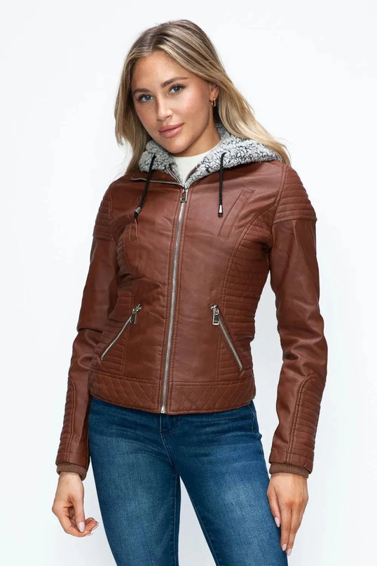 YMI Faux Layered Double-Zipper Jacket with Fuzzy Hood - ShopEasier