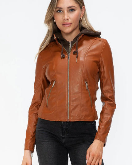 Snobbish Faux Leather Zip Up Drawstring Hooded Jacket - ShopEasier