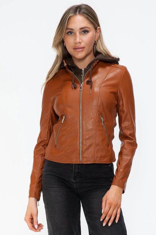 Snobbish Faux Leather Zip Up Drawstring Hooded Jacket - ShopEasier