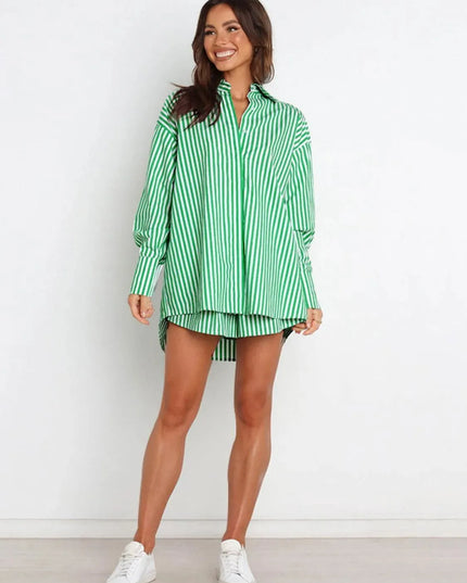 Striped Short Sleeve Button-Up Shirt and Shorts Combo Set