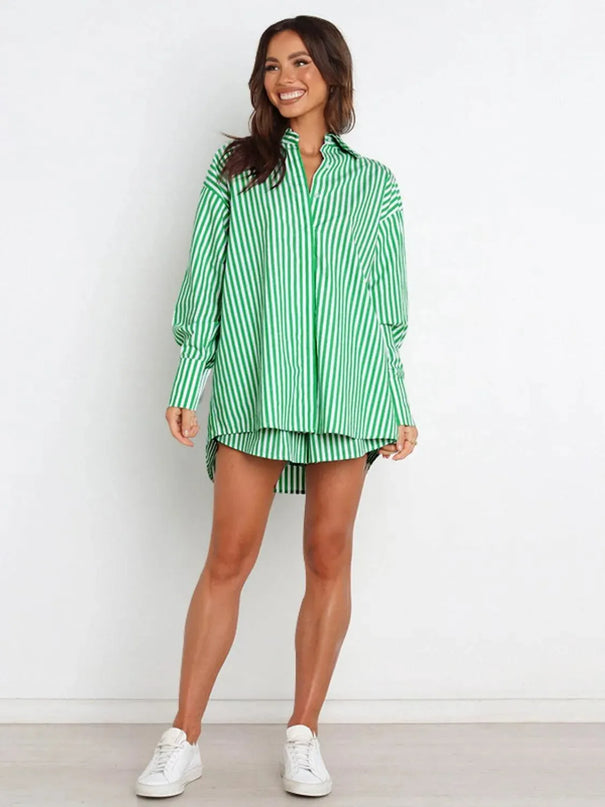 Striped Short Sleeve Button-Up Shirt and Shorts Combo Set