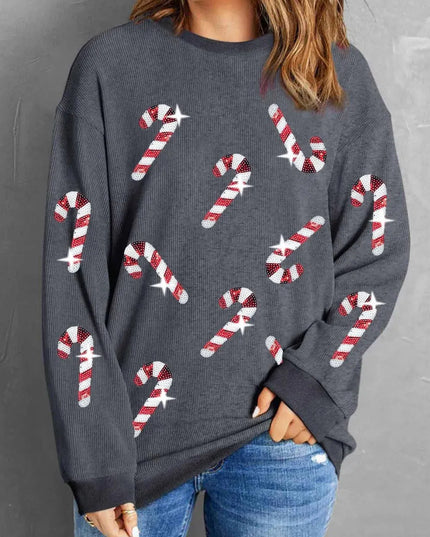 Sequin Candy Cane Round Neck Sweatshirt