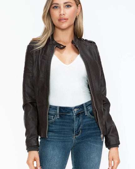 Snobbish PU Leather Biker Jacket with Side Zip Pockets - ShopEasier