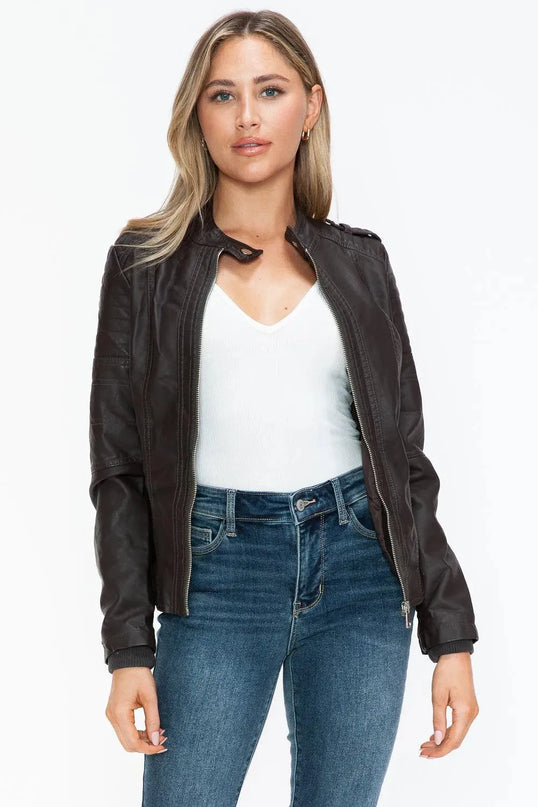 Snobbish PU Leather Biker Jacket with Side Zip Pockets - ShopEasier